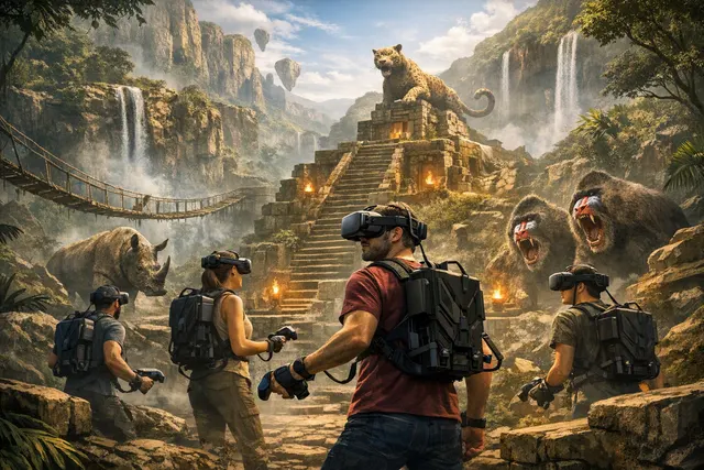 Conceptual illustration of players exploring a jungle adventure in Zero Latency VR’s Jumanji: The Lost Levels