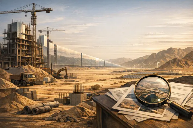Futuristic mirrored linear city structure in the Saudi Arabian desert, representing the scaled-back Neom megaproject