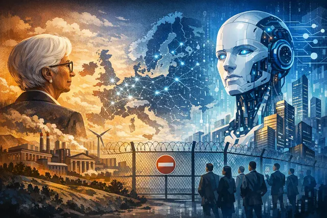 Illustration of artificial intelligence and European economic growth, representing Christine Lagarde's warning that Europe must not miss the AI revolution