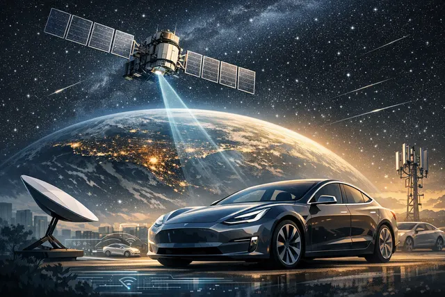 Abstract concept of a Tesla Cybercab with integrated Starlink V5 satellite dish