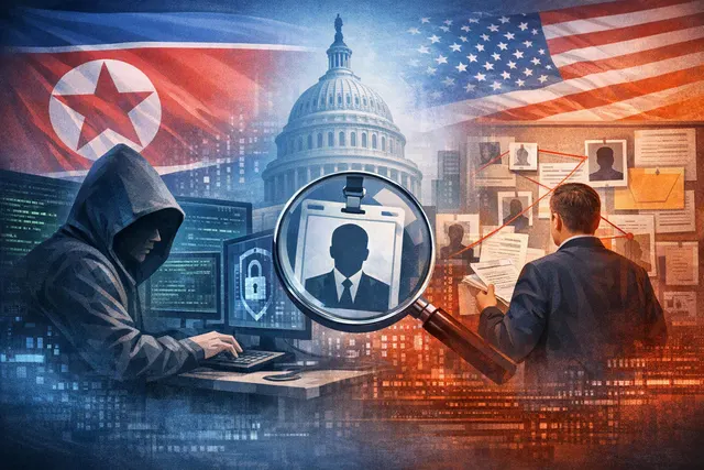 Digital illustration depicting a North Korean IT worker using a laptop with a facade of a U.S. federal government building in the background, representing infiltration through remo