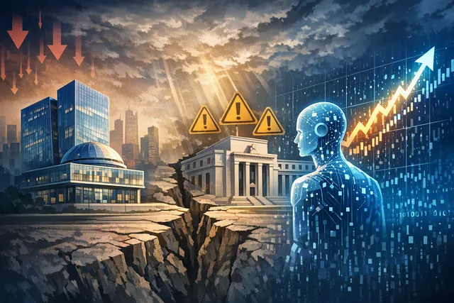 Editorial illustration of AI-driven stock-market exuberance, market correction risk and financial spillovers between the United States and Europe