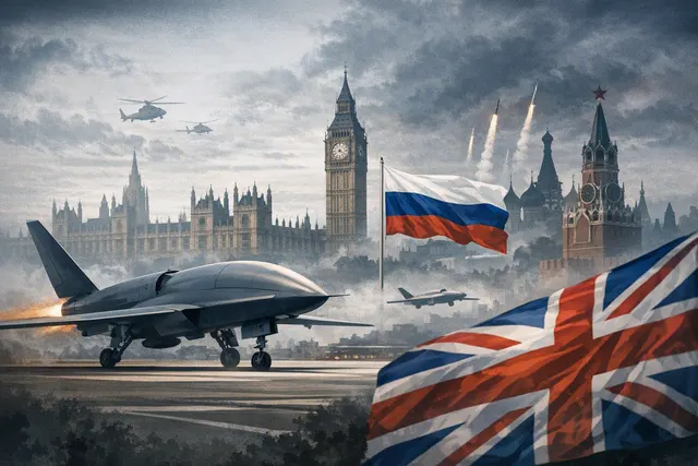 Editorial illustration of a British-made military drone flying over a map of Russia and the United Kingdom