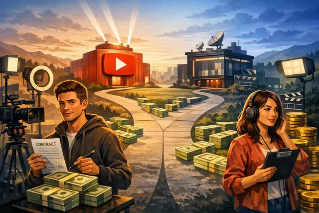 Editorial illustration of YouTube and Netflix competing to sign influential video creators