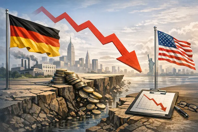 Illustration of German and U.S. flags beside a downward investment chart and factory silhouettes