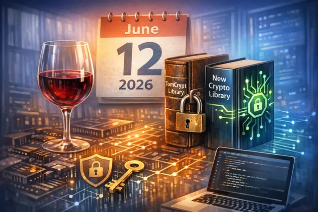 Digital rendering of a Linux desktop running a Windows application through the Wine compatibility layer, with translucent Wayland windows overlaid.