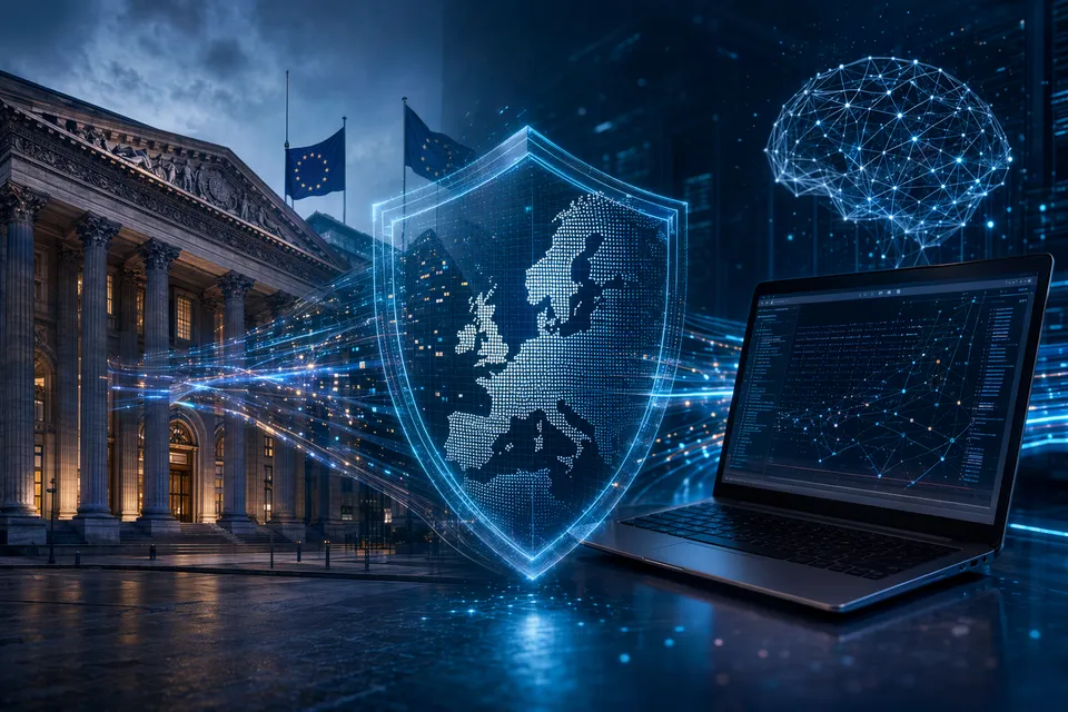 Conceptual illustration of AI cybersecurity systems protecting financial institutions