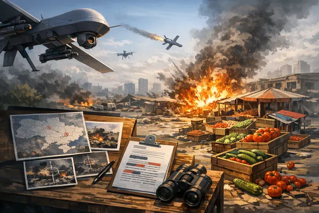 Editorial visualization of a drone over a market scene in Ukraine, representing Russia's 'safari' drone campaign against civilians