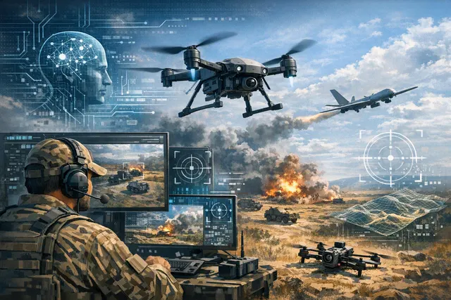 Editorial illustration of an AI-enabled Ukrainian drone using computer vision over a digitally mapped battlefield