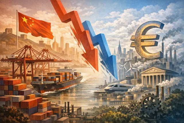 Editorial illustration about Europe’s competitiveness, China’s industrial rise and the energy and technology challenges facing the euro area
