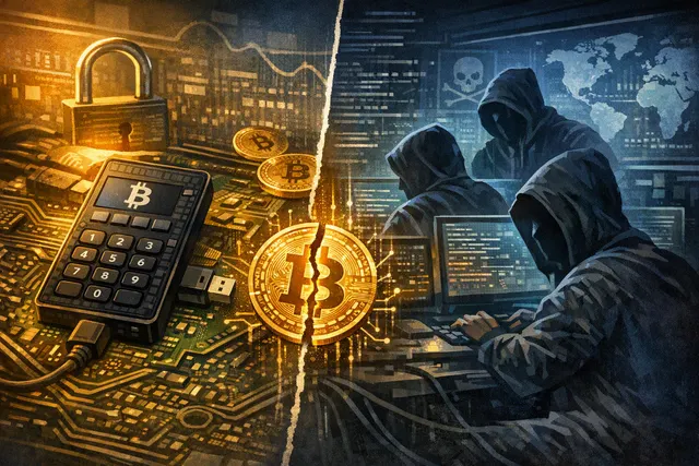 Illustration of a Coldcard hardware wallet, Bitcoin symbols, and an exposed recovery seed