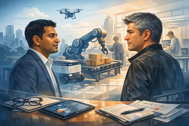 Abstract rendering of industrial robotics and AI automation, representing Atoms' focus on mining, food, and transportation.