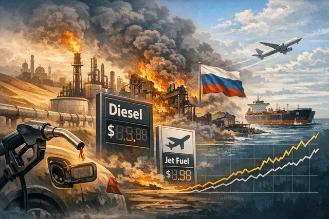 Editorial illustration of diesel fuel markets under pressure from shipping disruptions, refinery outages and depleted inventories