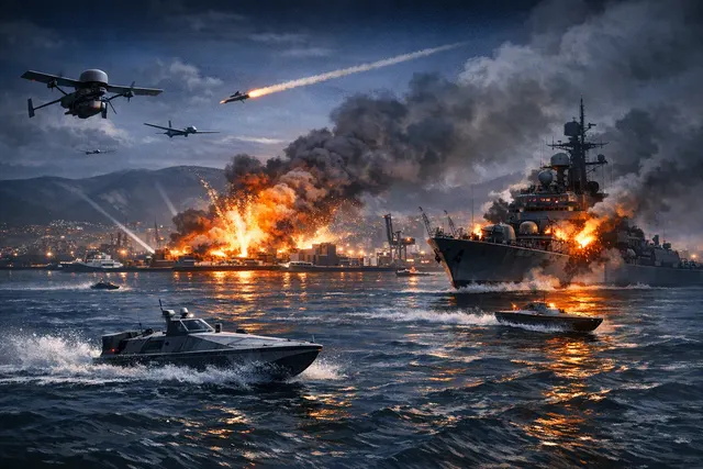 Aerial view of the port of Novorossiysk at night with explosions and fire visible near the grain terminal, illustrating the August 11-12, 2026 drone and missile attack.