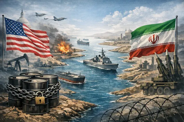 Map of the Strait of Hormuz with oil tanker silhouettes and military symbols, illustrating the conflict over control of the strategic waterway