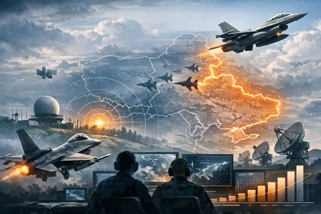 A dramatic AI-generated illustration of a NATO fighter jet soaring over the Baltic Sea at sunset, with contrails crossing a tense sky, symbolizing the surge in aerial intercepts on
