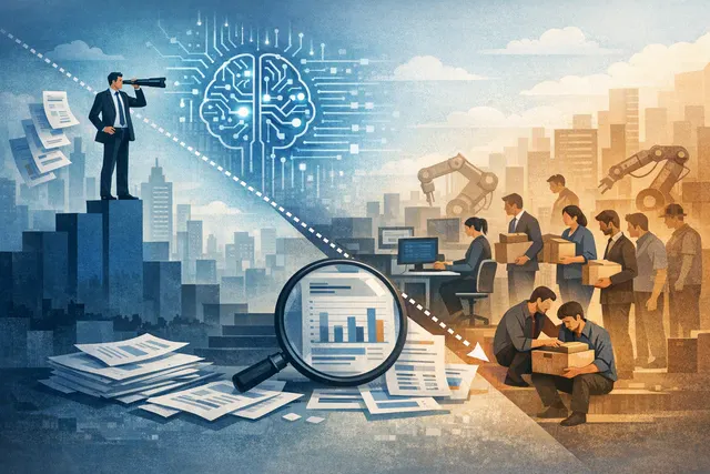 Abstract digital illustration of two diverging paths: one showing a worried CEO looking at a declining chart labeled 'AI Job Loss Expectations,' the other showing stable employment