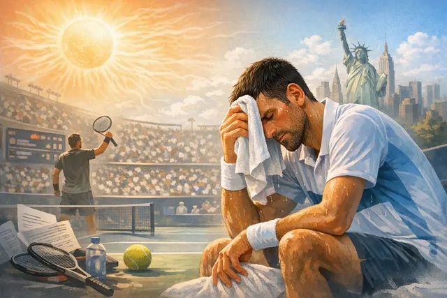 Novak Djokovic on his knees in distress during the Cincinnati Open second round match against Thiago Agustin Tirante in extreme heat and humidity.