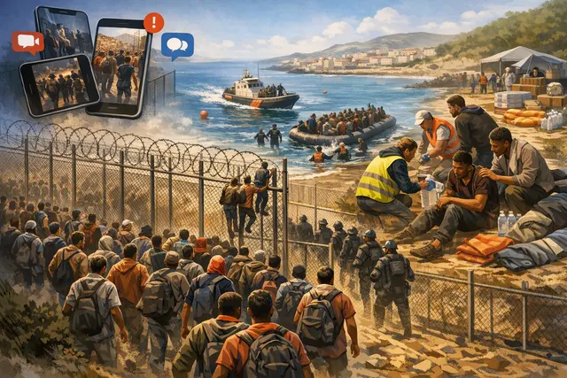 What are the key details of the July 2026 Ceuta migrant crisis, including the role of social media in both causing the mass crossing and aid
