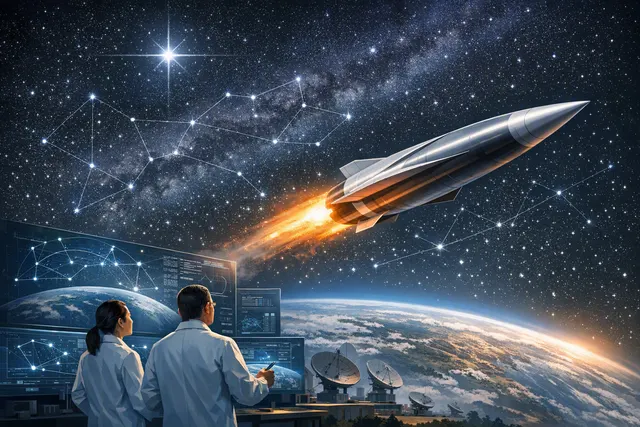 Illustration of a hypersonic missile navigating by starlight above Earth, with GPS satellites in the background