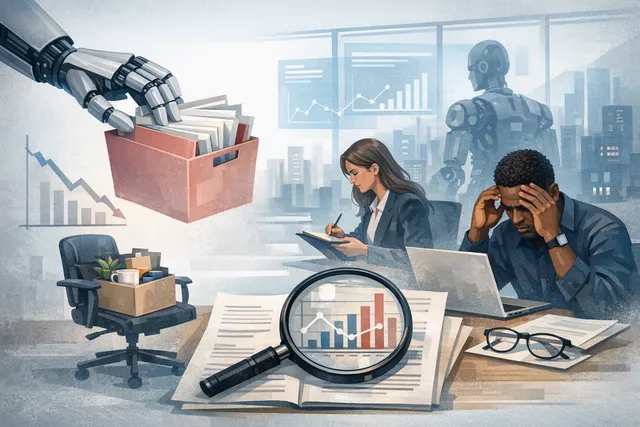 A conceptual image showing a person being laid off with an AI robot in the background, symbolizing the unintended negative consequences of AI-driven workforce reductions.