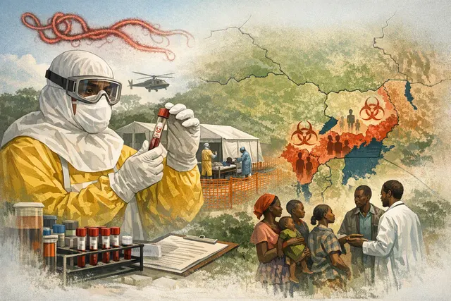 A conceptual image representing the Bundibugyo ebolavirus outbreak, showing a map of the DRC and Uganda with outbreak data, a vial of vaccine, and molecular structures.