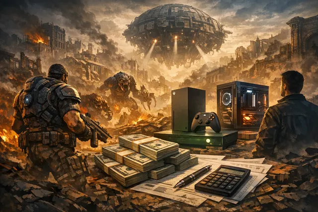 Gears of War: E-Day logo against a dramatic crimson and industrial background, symbolizing the high-stakes financial and exclusive gamble of the upcoming game.
