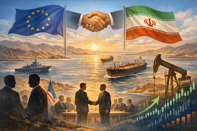 A conceptual image of a busy shipping lane in the Strait of Hormuz, with a tanker traversing the waterway under a dramatic sky, representing the critical diplomatic negotiations to