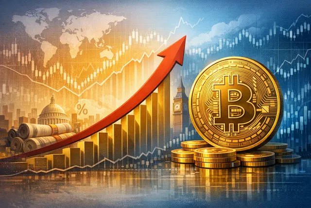 Editorial illustration of rising global bond yields putting pressure on Bitcoin while gold remains resilient