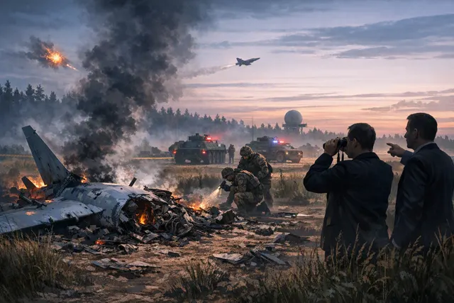 AI-generated editorial illustration of a NATO fighter jet intercepting a drone over a forested Baltic landscape, representing the August 14, 2026 shootdown over Latvia.