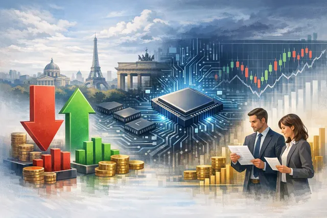 An abstract stock market chart showing a sharp upward turn in European ETF flows against a background of semiconductor chip patterns and European financial district silhouettes