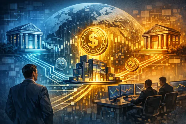 Editorial illustration of Visa seeking stablecoin settlement infrastructure after Mastercard acquired BVNK