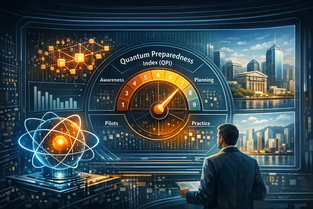 Digital illustration of Hong Kong skyline with a glowing quantum computer and encrypted data streams, representing the banking sector's cybersecurity readiness.