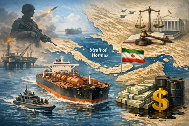 Satellite or AI-generated editorial view of tankers near the Strait of Hormuz, with overlay elements suggesting a toll checkpoint or maritime chokepoint