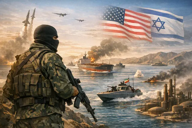 Illustration of Iran’s Revolutionary Guard using control of the Strait of Hormuz as wartime leverage