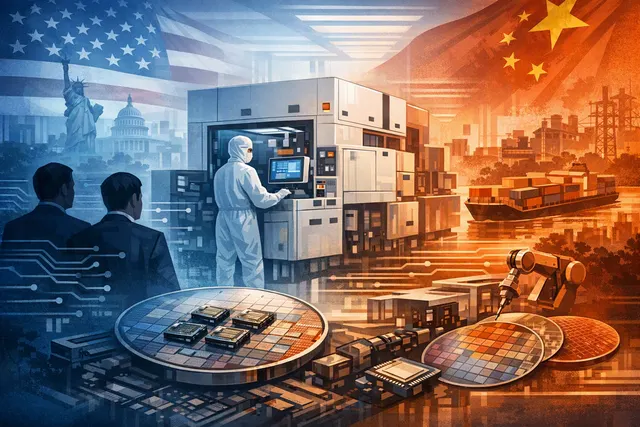 A conceptual visual of semiconductor chip fabrication equipment with subtle Chinese and South Korean flag motifs, representing the testing of Chinese AMEC etching tools by Samsung