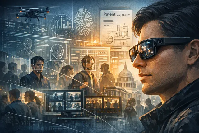 Editorial illustration of AI smart glasses scanning people with facial-recognition and privacy warning overlays