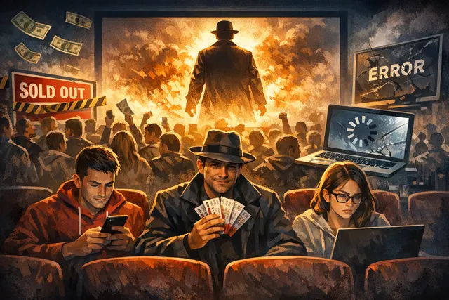 Illustration depicting chaotic advance ticket sales for Christopher Nolan's IMAX epic The Odyssey, showing a digital ticket interface overwhelmed by demand with error messages, lon