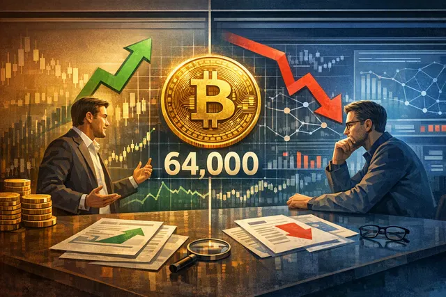 Bitcoin price chart near $64,000 with bullish and bearish analyst labels superimposed