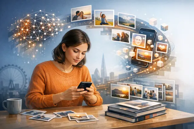 Smartphone displaying Popsa AI photo book interface surrounded by printed photo books and keepsakes