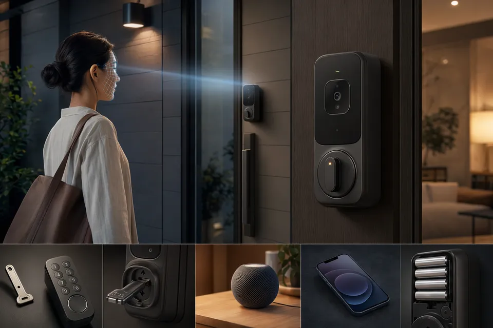 Smart deadbolt with facial recognition scanning a homeowner at the front door