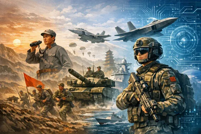 Editorial hero image illustrating the People's Liberation Army's 99-year evolution from guerrilla warfare to a modern high-tech, AI-enabled force, with a timeline of milestones fro