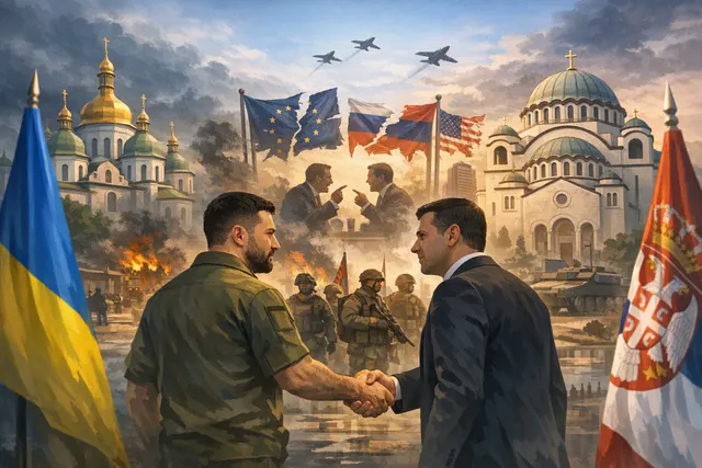 Diplomatic flags and map of Ukraine, Serbia, and Kosovo illustrating the diplomatic fallout from Zelensky's 2026 visit to Serbia.