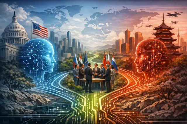 A conceptual image illustrating three distinct pathways for global AI governance, with interconnected nodes representing the US, China, and middle powers.