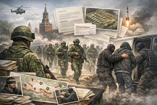 AI-generated editorial image representing Russia's covert mobilization plans and North Korean troop deployments.
