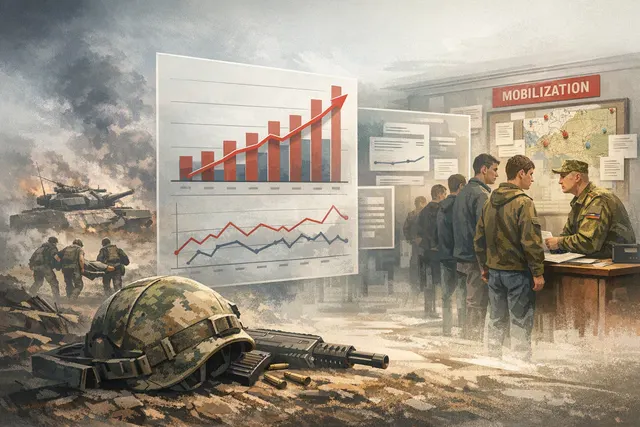 Editorial illustration of the Russia-Ukraine war showing battlefield losses, recruitment pressure, southern territorial changes and long-range strikes