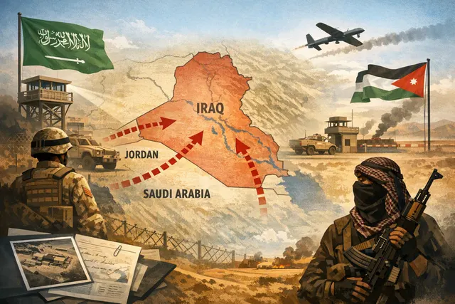 A map of the Middle East highlighting Iraq, Saudi Arabia, Yemen, and the Red Sea, with drone and missile trajectories representing cross-border attacks on Saudi oil infrastructure.