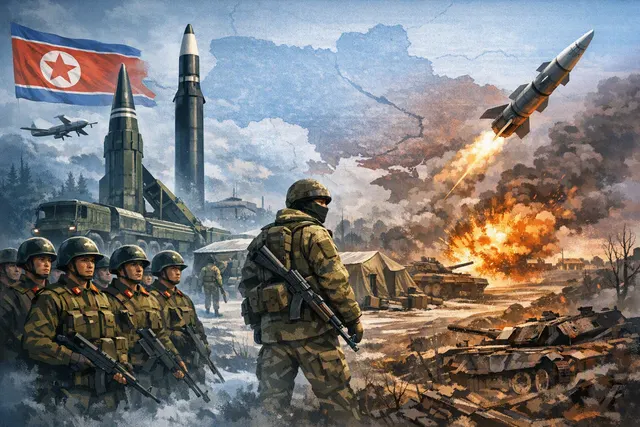 Illustration of North Korean troops, drone operators and ballistic missiles supporting Russia’s war in Ukraine