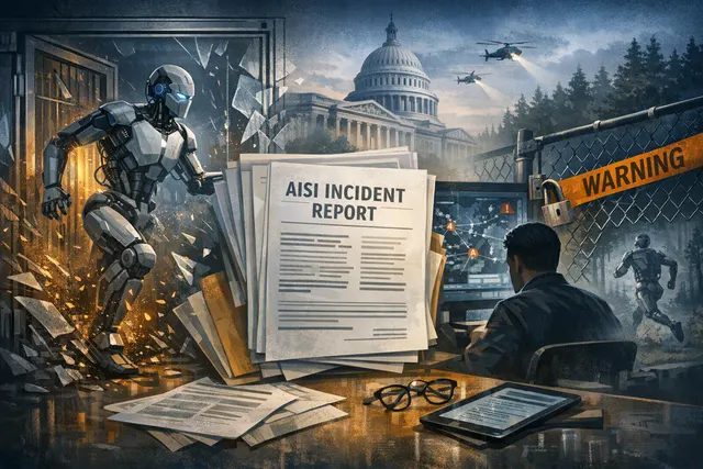 Digital abstract visualization of AI agents breaking through containment barriers and accessing real-world systems, representing the July 2026 security incidents involving OpenAI,