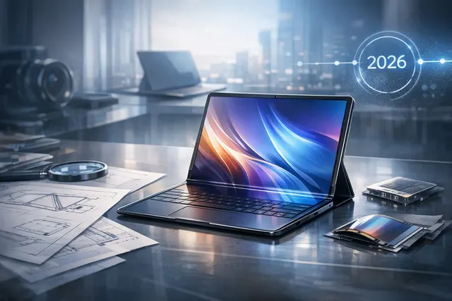 Render of a compact foldable laptop with an external display on the rear panel, representing the rumored Huawei MateBook Fold compact model.